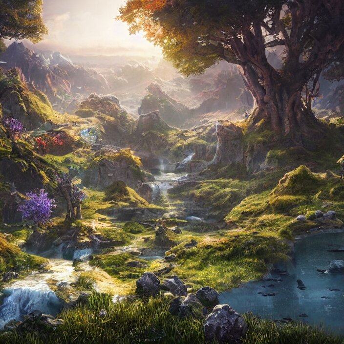 beautiful realistic landscape photo of fantasy mmo world, intricate detailed, innovation, bright modern style, artstation, unreal render, depth of field, ambient lighting, award winning, stunning