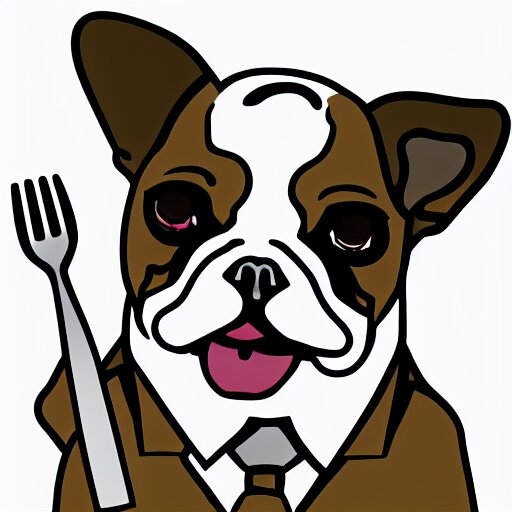 sticker art of a french bulldog in a suit eating a candy bar with a fork and knife at a fancy restaurant by ed roth 