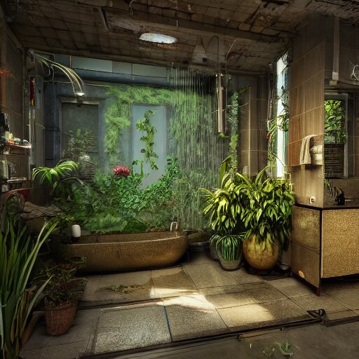 a bathroom with a lot of plants inside of it, cyberpunk art by Gregory Crewdson, unsplash, ecological art, reimagined by industrial light and magic, rendered in unreal engine, diorama