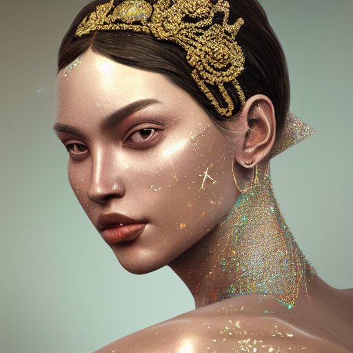 a beautiful portrait of a diamond goddess with glittering skin, a detailed painting by greg rutkowski and raymond swanland, behance contest winner, photorealism, behance hd, daz 3 d, zbrush 