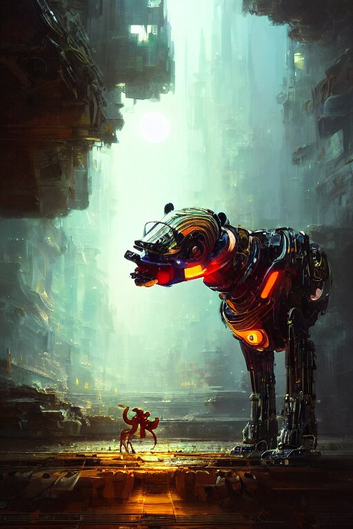 sentient being animal - robot, inspired by mario feng, intricate, elegant, volumetric lighting, scenery, digital painting, highly detailed, artstation, sharp focus, illustration, concept art, luis rollo, john berkey, 8 k, ultra hd 