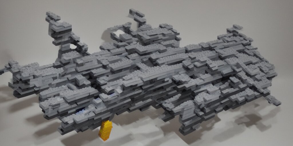 gigantic spaceship made with grey legobricks, flying in the galaxy 