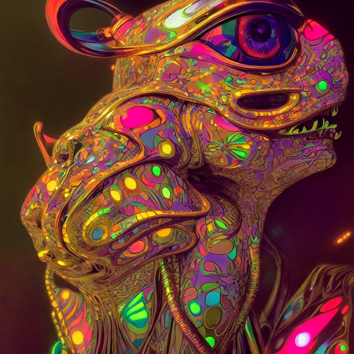 bright psychedelic animal cyborg, diffuse lighting, fantasy, intricate, elegant, highly detailed, lifelike, photorealistic, digital painting, artstation, illustration, concept art, smooth, sharp focus, art by John Collier and Albert Aublet and Krenz Cushart and Artem Demura and Alphonse Mucha