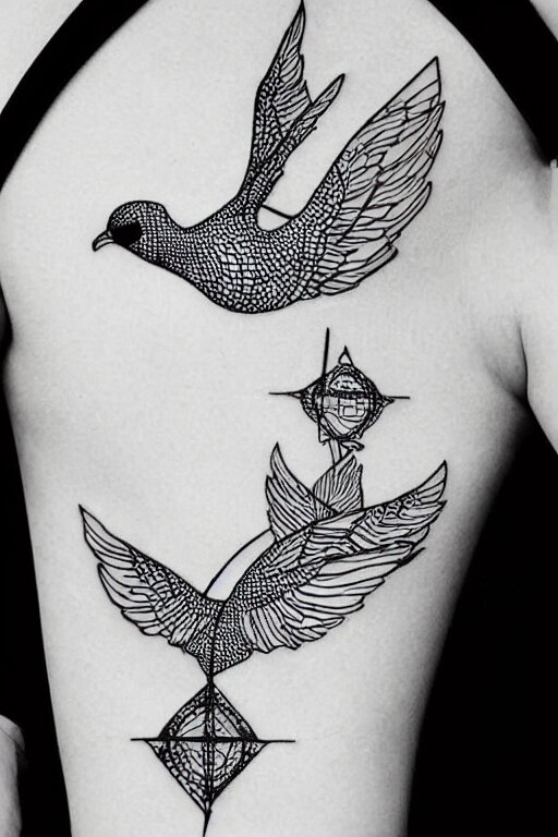 a beautiful tattoo design of minimalist flying swallows, flying into geometric spirals, black ink, abstract logo, line art 