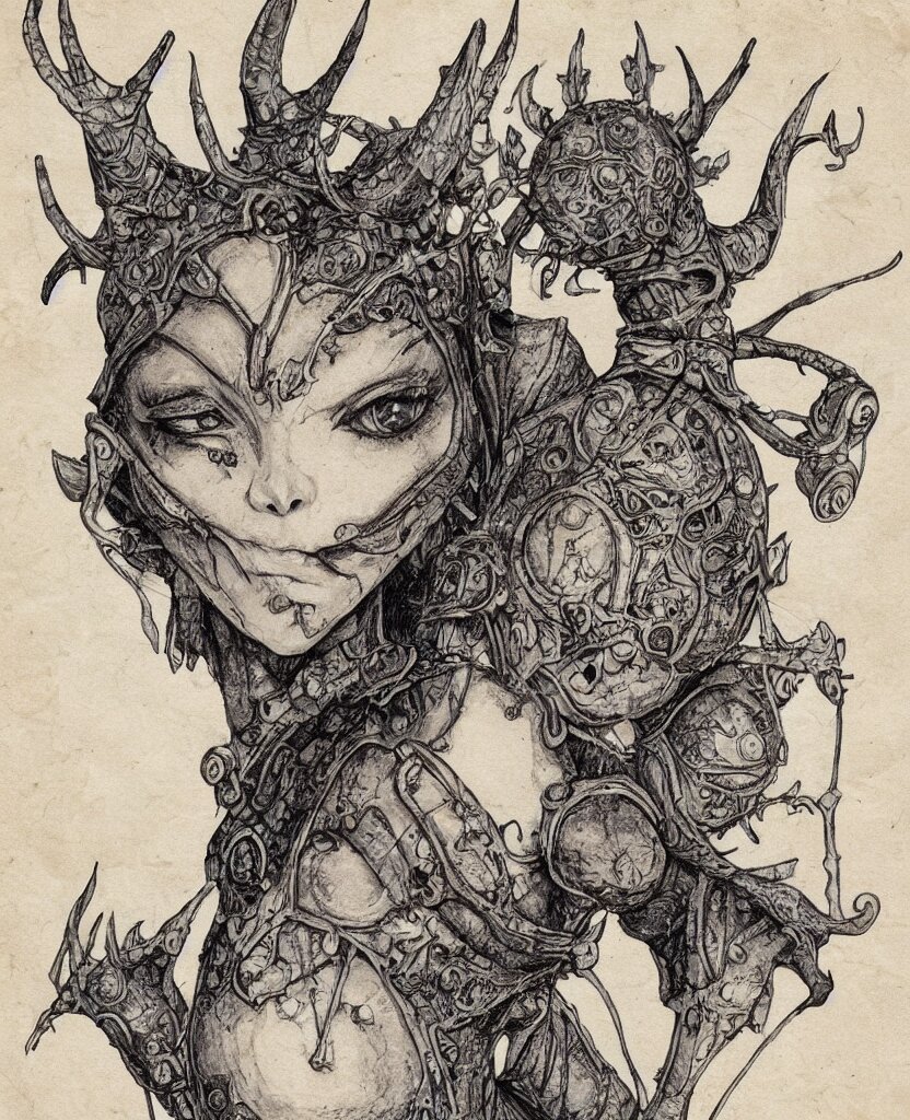 fantasy, symmetrical beautiful human face, front view, female humanoid creature, plant armour, wide intricate horned insect head piece covering forehead, button nose, full lips, muscular, large cute anime eyes, stylised, torso and head, bust, diagram, greys anatomy book, on old distressed parchment paper, watercolour, by brian froud and boichi 