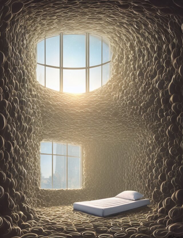 a photo of a bed floating above the floor in the middle of a giant tesselating room with windows opening to multiple dimensions by casey weldon by thomas blackshear, octane render, recursive, flowing, cascading, multiverse, labyrinthine 