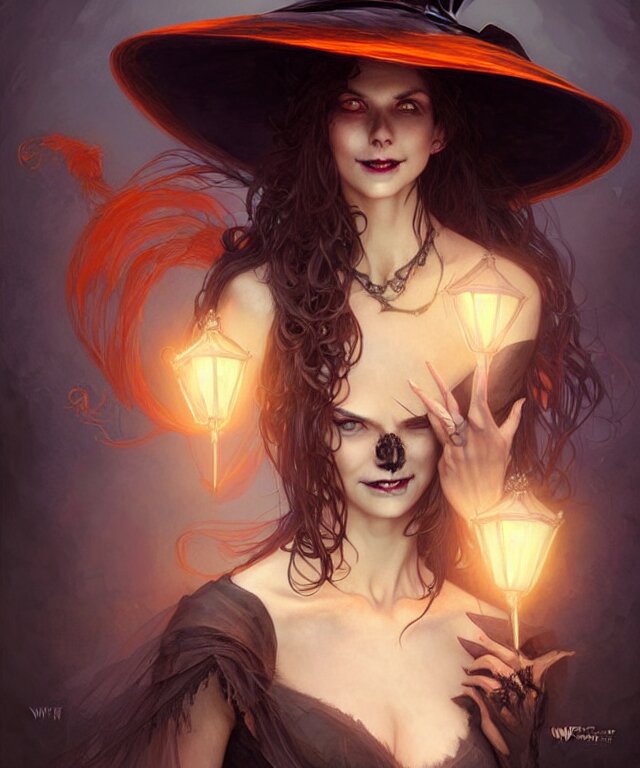 halloween witch woman in a hat smiles, fantasy magic, undercut hairstyle, dark light night, intricate, elegant, sharp focus, illustration, highly detailed, digital painting, concept art, matte, art by wlop and artgerm and greg rutkowski and alphonse mucha, masterpiece 