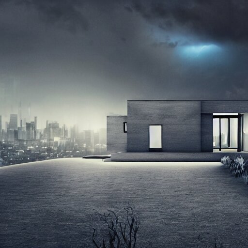 exterior view of modern futuristic haunted house architecture, on a hill with a view overlooking the city, lightning in grey skies, detailed luminescent oil painting 4 k 