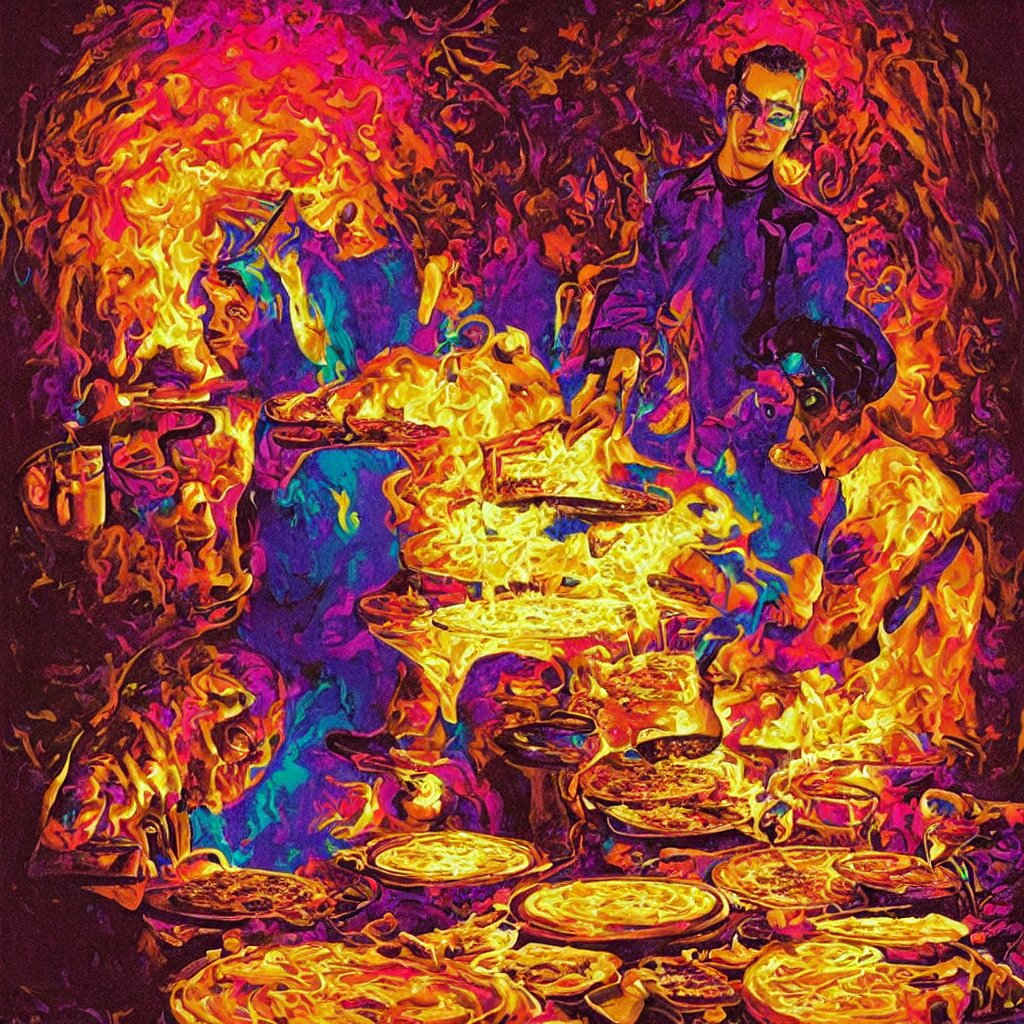 bright psychedelic portrait of_nick_cave_baking_a_pizza, diffuse lighting, fantasy, intricate, elegant, highly detailed, lifelike, photorealistic, digital painting, artstation, illustration, concept art, smooth, sharp focus, art by John Collier and Albert Aublet and Krenz Cushart and Artem Demura and Alphonse Mucha