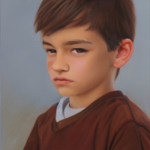 beautiful oil painting of a boy with short side part light brown hair and brown eyes