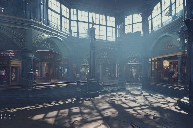 point of view of a gunner on a victorian shopping mall, cinematic lightning, ray tracing, unreal engine 5, photorealistic, 8 k, uhd, 4 k, fps game concept, extremely detailed, beautiful, elegant, intricate, foggy, in - game footage 