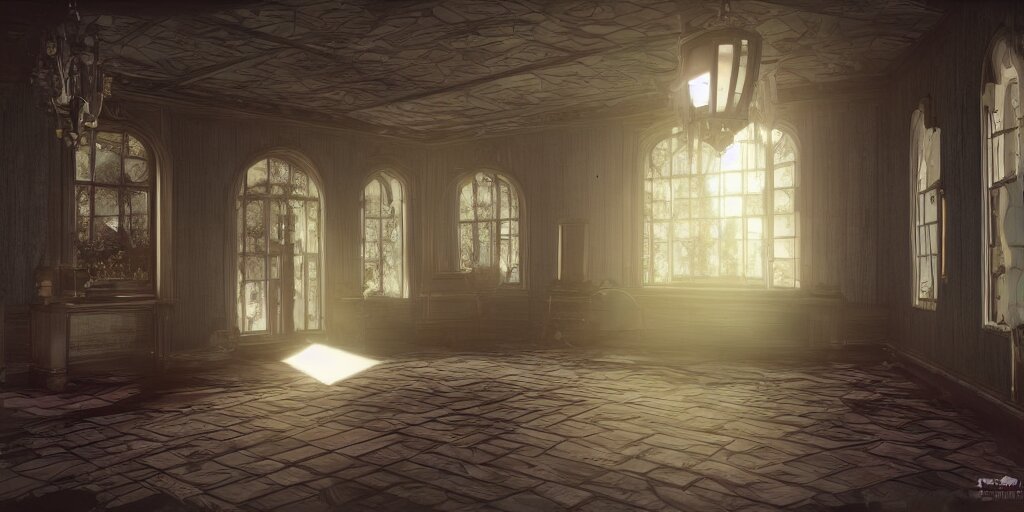 kingdom hearts twilight town mansion interior, nostalgic abandoned, sunlight streaming through the windows 