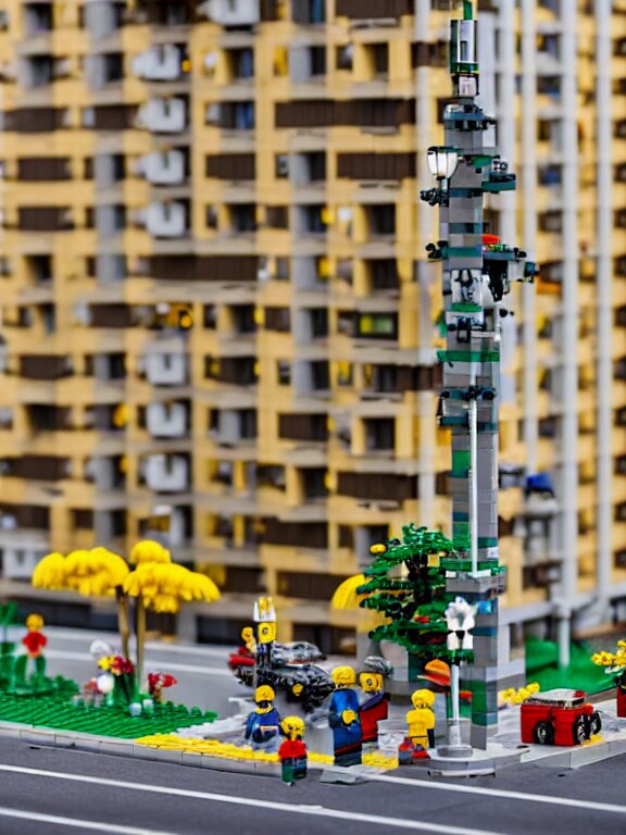 detailed miniature lego diorama a soviet residential building, brutalism architecture, car parking nearby, elderly man passing by, warm and joyful atmosphere, summer, streetlamps, several birches nearby 