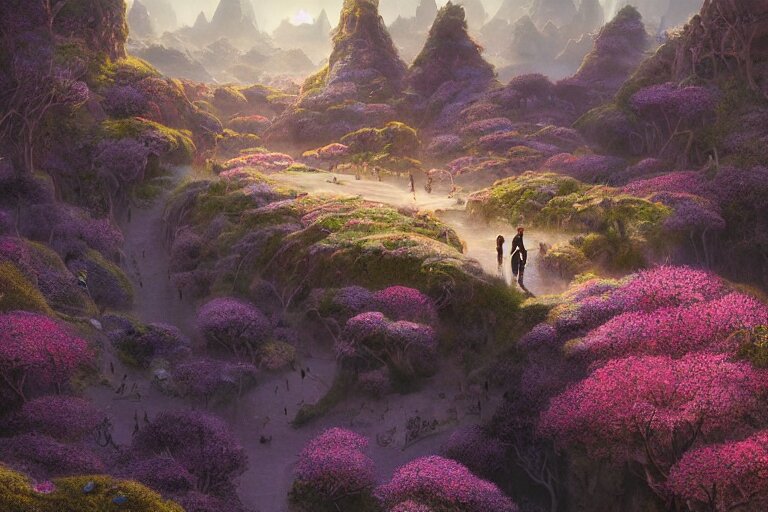 Brutalist Shiro, fantasy landscape, Eden at Dawn, gleaming morning cinematic lighting, amazing cinematic concept painting,  by Jessica Rossier,  Himeji Rivendell  Garden of Eden valley, wildflowers and grasses, terraced orchards and ponds, lush fertile fecund, fruit trees, birds in flight, animals wildlife, beksinski