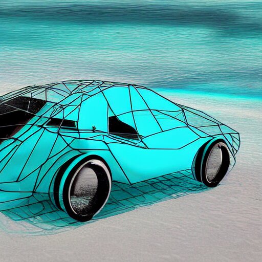 turquoise water covers a transparent car wireframe, digital art 