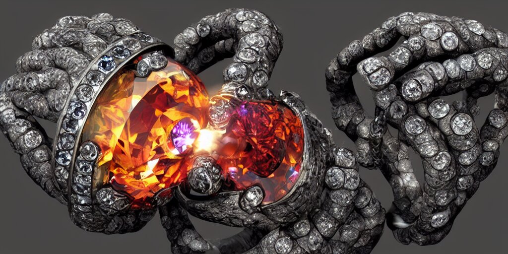 magic crystal ring, fire, stone, crystal, engravings, diamonds, colorful, art by gerald brom, greg rutkowski, photo realism, unreal engine, c 4 d 