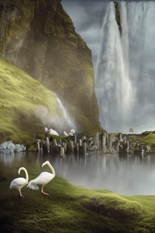 beautiful bjork with swans in iceland by hubert robert and lee madgwick and roger dean and jacek yerka, dan mumford and alex grey style, soft lighting, 4 k hd wallpaper illustration concept joy atmospheric lighting 