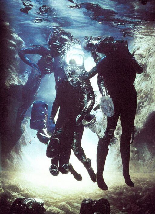 astronauts in dark void underwater - complex and hyperdetailed technical suit. reflection and dispersion materials. rays and dispersion of light. volumetric light. f / 3 2. noise film photo. flash photography. ultra realistic, wide angle. poster by wayne barlowe, hajime sorayama aaron horkey, craig mullins 