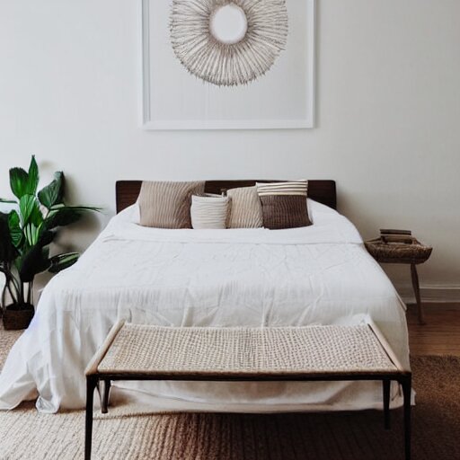 centered minimalist clean spacious empty bright mockup photo of a large blank frame on floor with thin light wooden frame moulding, white background wall, light boho carpet, white furniture, white minimalist lamps, white pillows, trending on pinterest 