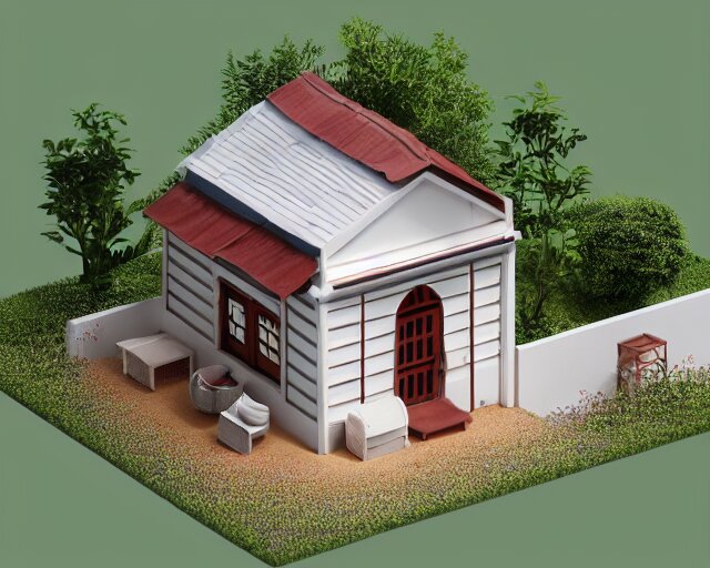 small cute assam type house, 1 0 0 mm, 3 d render, isometric, diorama, perfectly centered and isolated on white background 