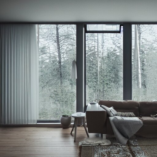 interior of brutalist style housing unit, neoplastic paintings as walls, an old person looking the forest landscape through a tall window, very detailed, octane render, hyperrealistic picture