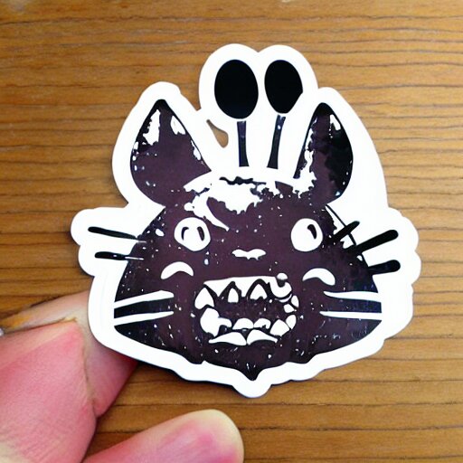 die cut sticker, totoro with princess mononoke mask, splatter paint 