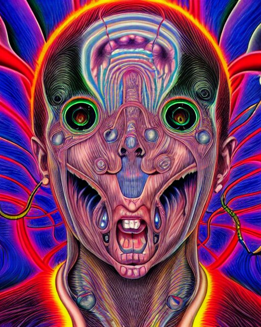 human spirit breaking away from the body, conjuring psychedelic background, part by shintaro kago, part by alex gray, ross tran, james jean, ultra realistic, highly detailed, 8 k, trending on artstation, symmetry 