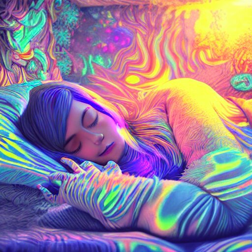 photorealistic sleeping in a trippy psychedelic world. hyperdetailed photorealism, 1 0 8 megapixels, amazing depth, high resolution, 3 d shading, 3 d finalrender, 3 d cinematic lighting, glowing rich colors, psychedelic overtones, artstation concept art. 