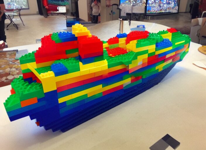 a real life-sized boat made out of translucent LEGO bricks.