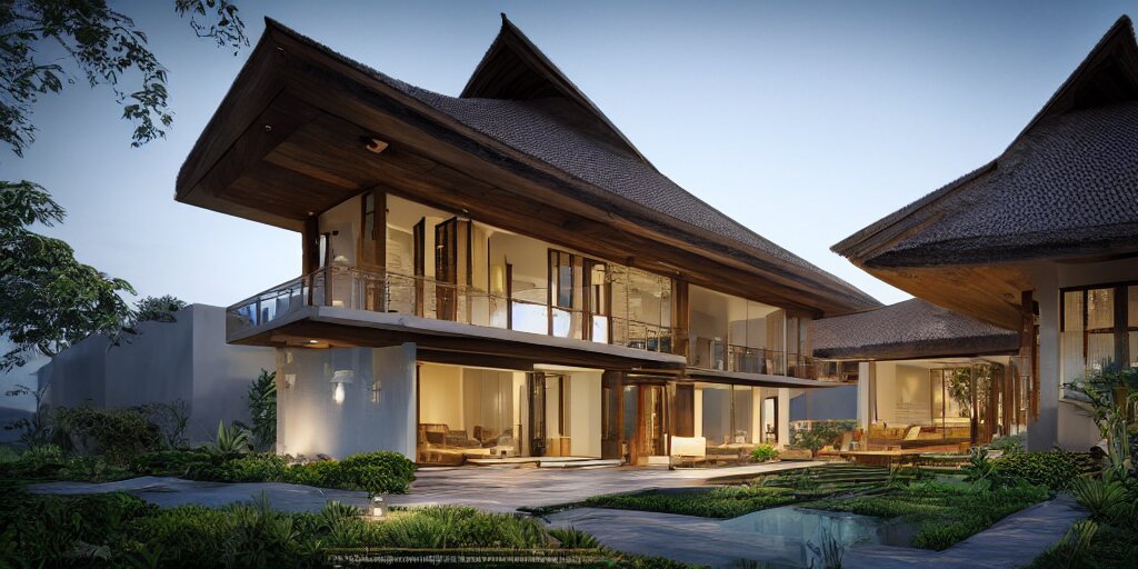 3d rendering  of beautiful nature meets architecture concept of a residential house. balinese architecture, volumetric lighting, luxury, high detail, 14mm, cinematic photography, cg architects,  high resolution