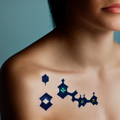 close up studio portrait photograph of a woman's collar bone tattoo of constellation molecules stars chemistry 