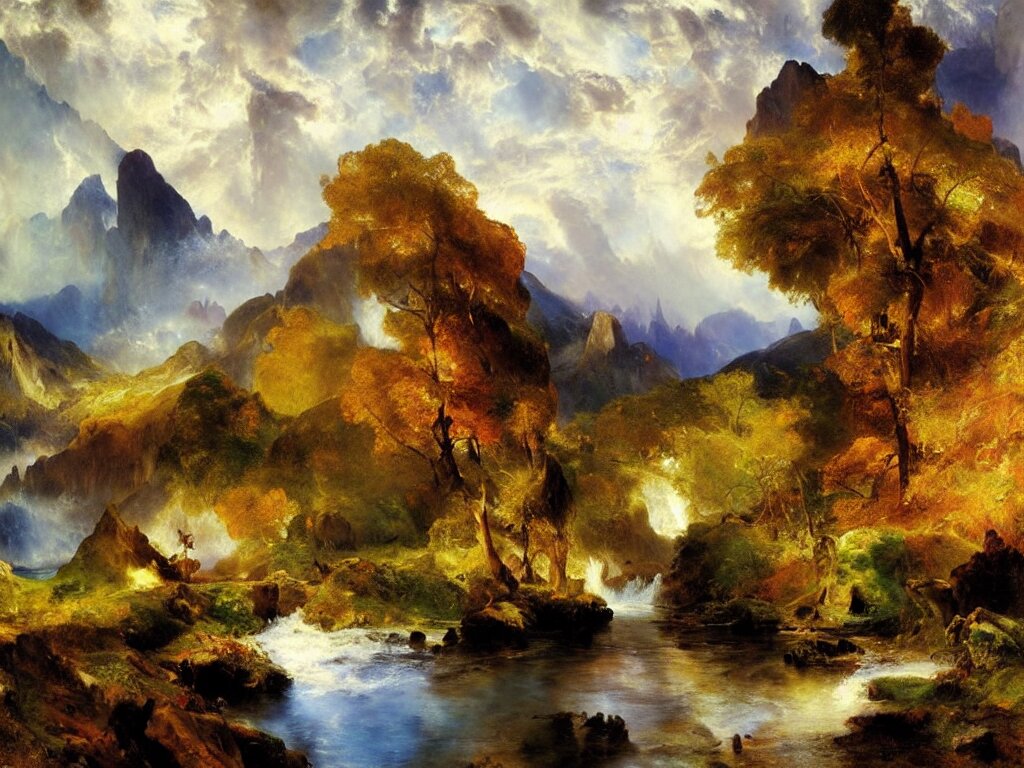 a beautiful landscape painting by thomas moran, trending on arstation 