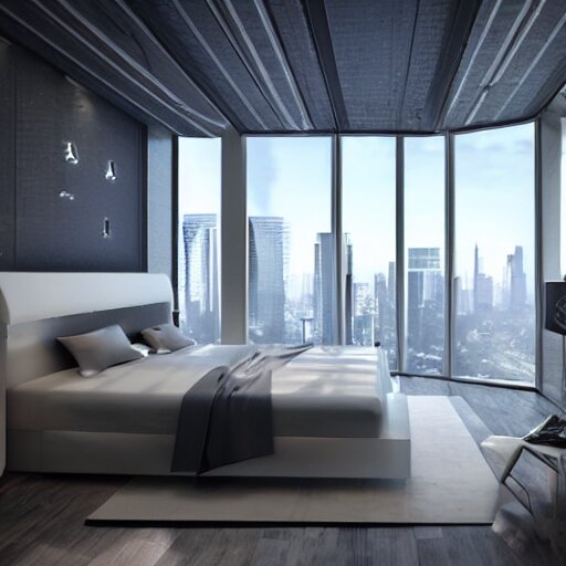 a futuristic luxury white bedroom with ceiling high windows looking out to a cyberpunk cityscape