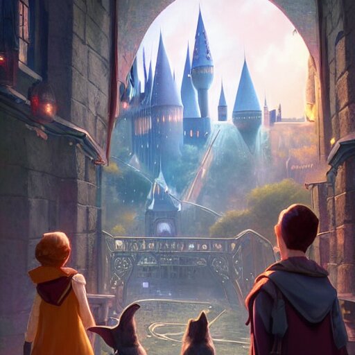 a wholesome animation key shot of harry potter students, fantasy, colorful, pixar and disney animation, sharp, very detailed, high resolution, key art by greg rutkowski, bloom, dramatic lighting 