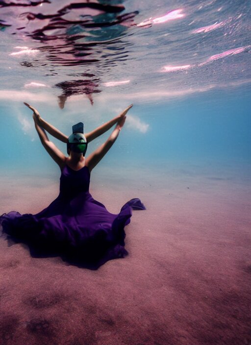 girl in a long dress swimming underwater, caustics, surreal underwater photography