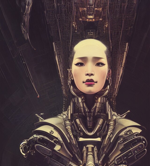 a baroque portrait of a retrofuturistic assassin in light surrounded by advanced architecture. minimalist dark wet architecture with some highly detailed science fiction details, rich colors, high contrast, black shadow level, moody dark background. trending on artstation an ultrafine hyperdetailed colorfull illustration by kim jung gi, moebius, irakli nadar, alphonse mucha, ayami kojima, amano, greg hildebrandt, syd mead and mark brooks, female, feminine, art deco, new baroque, intricate linework, colors by frank frazetta 