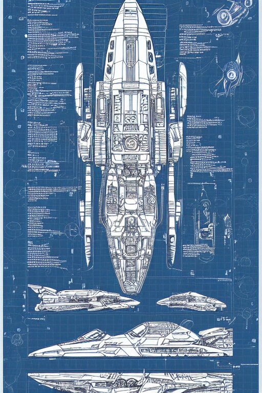 intricately detailed blueprint of a cruiser class spaceship by Jen Bartel and Dan Mumford and Satoshi Kon