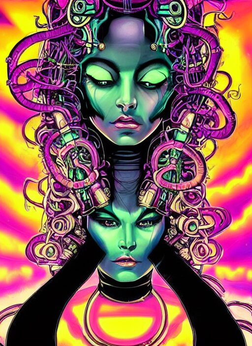 Perfectly-centered vibrant portrait-illustration of a very beautiful and puzzled looking nebulapunk cyberpunk Medusa with symmetrical facial features with a very and accurately symmetrically drawn-out body, in the style of an epic golden age sci-fi comic book cover in an awesome pose wearing a really cool cyberpunk outfit, with lots of really large ravepunk bio-luminiscent snakes as her hair that go all around and above her, next to a tall cybernetic tower with lots of glowing buttons. Super highly detailed, professional and intricate professionally made HDR digital artwork, RPG portrait, digital airbrush painting, extreme illustration, concept art, smooth, maximalist, dreamscape, Rococo, surreal dark art, cosmic horror, lovecraftian style, Aetherpunk, cinematic, Hyperdetailed, hyperrealistic, enchanting, otherworldly, arthouse, sinister mood, cosplay, sense of awe, Exquisite award winning picture, glowing rich colors, ethereal backlight background, 300 DPI, 8k resolution, HD quality, cinema 4d, 3D, 3d final render, 3d shading, unreal 5, octane render, 3D rim light, dynamic lighting, atmospheric lighting, iridiscent background accents, golden ratio, psychedelic highlights, dramatic shadows, 
anamorphic lens, sharp focus, trending on Gsociety, trending on ArtstationHQ, trending on deviantart, neon-noir bokeh, professionally post-processed, wide-angle action dynamic portrait
