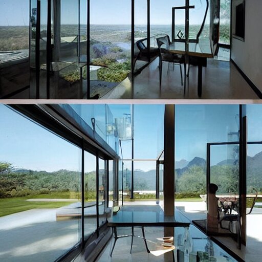 a house made entirely of glass. glass furniture, glass walls, glass ceiling, glass floor, glass decor, glass people 