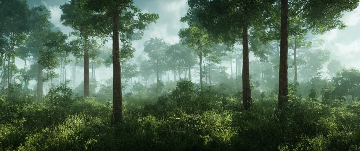 a wide shot of a forest growing on top of cumulus clouds, beautiful, stunning, serene, volumetric light, volumetric clouds, photography, color, intricate, extremely detailed, photorealistic, unreal engine 5