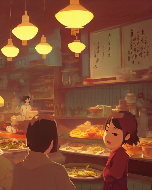 chinese buffet in a homely little restaurant, cory loftis, james gilleard, atey ghailan, makoto shinkai, goro fujita, studio ghibli, rim light, exquisite lighting, clear focus, very coherent, plain background, soft painting 