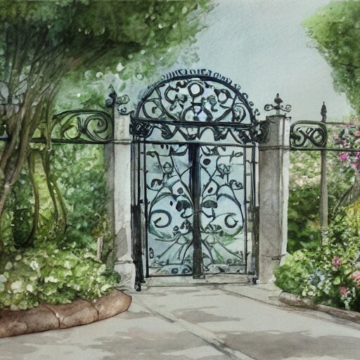 delicate, chairs, garden, paved, botanic watercolors, iridescent, 8 k, realistic shaded, fine details, artstation, italian, iron gate, tree, mediterranean, alien world 