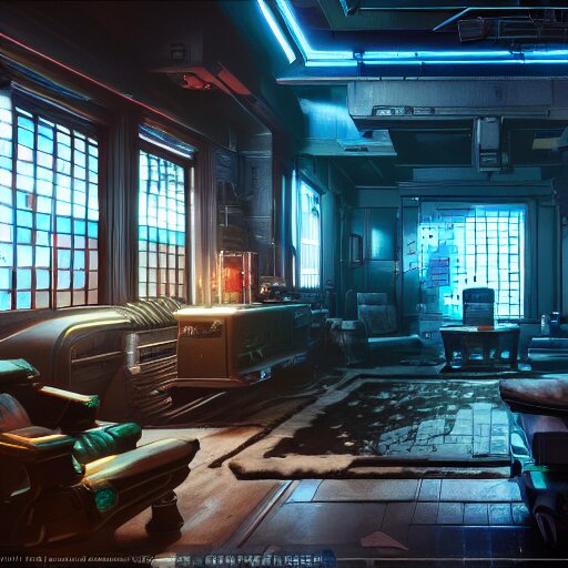 A photograph of interior of cyberpunk mansion set in a cyberpunk utopia. Highly detailed, 8k wallpaper, HDR, concept art, unreal engine 5, 4k, 8k, ray tracing, bloom, lens flare