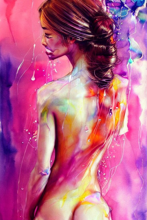 sexy lacivious little smile sophia vergara by agnes cecile enki bilal moebius, intricated details, 3 / 4 back view, hair styled in a bun, bend over posture, full body portrait, extremely luminous bright design, pastel colours, drips, autumn lights 