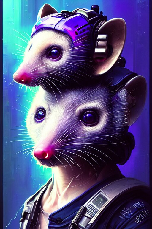 a beautiful portrait of a cute cyberpunk opossum aaaaaaaaaa by sandra chevrier and greg rutkowski and wlop, purple blue color scheme, high key lighting, volumetric light, digital art, highly detailed, fine detail, intricate, ornate, complex, octane render, unreal engine, photorealistic 