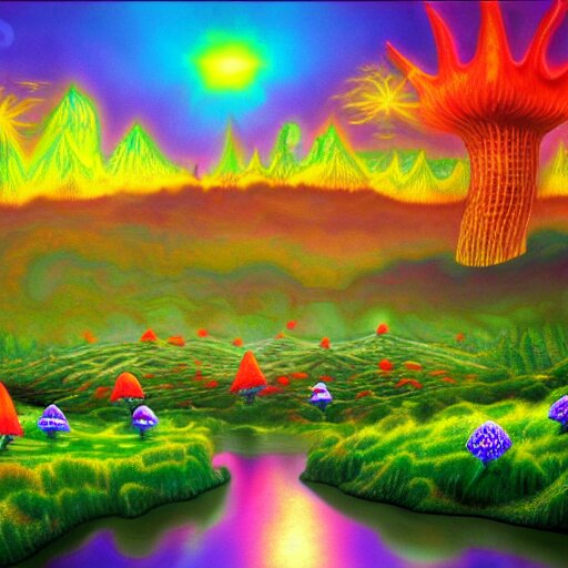 psychedelic mushroom kingdom, dmt, landscape, river, trending on artstation, detailed, realistic, photo