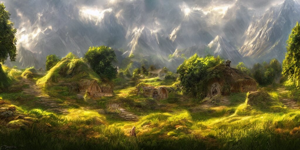 the shire, beautiful scenic landscape, lord of the rings, highly detailed professional digital painting, artstation 