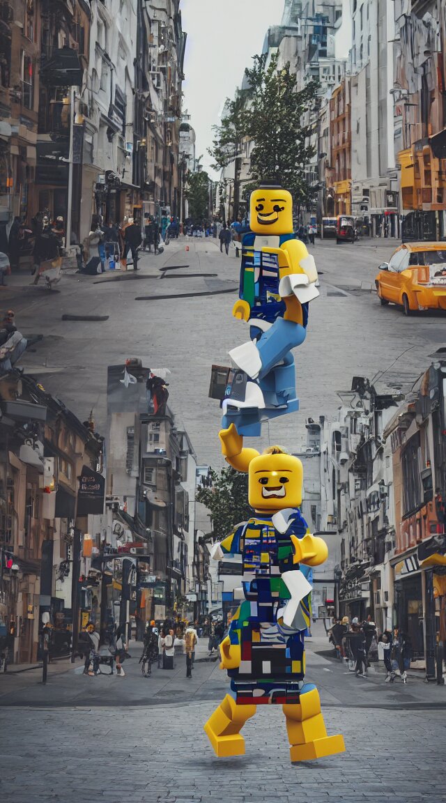 hyperrealistic giant lego man walking through street, street view, epic lighting, composition 