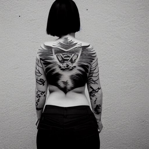 photography of the back of a woman with a black detailed irezumi tatto representing a cute caracal on her entire back, dark hangar background, mid-shot, editorial photography