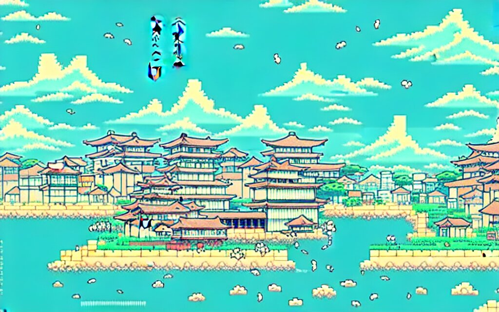 a japanese city near the sea, lofi, dreamy, moody, anime inspiration, ghibli vibe, pixelart 